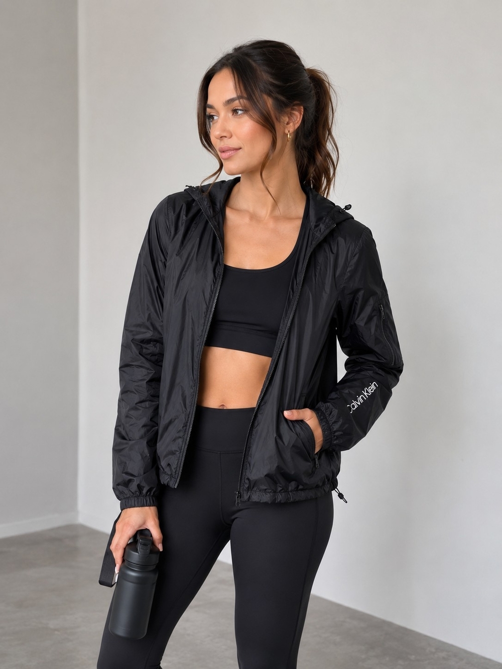 Calvin Klein Performance Black Packable Hooded Windbreaker Jacket S Pockets Mini